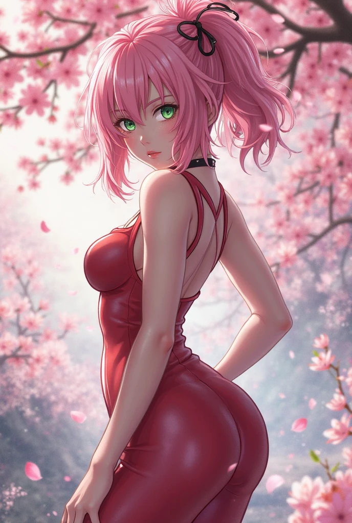 (masterpiece:1.2, best quality), 1girl,solo, large breasts, 3/4 body, headband, pink hair, short hair, green eyes, lipstick, red dress, bare shoulder, looking back, sakura, haruno_sakura, naked, sexy, transparent kimono.