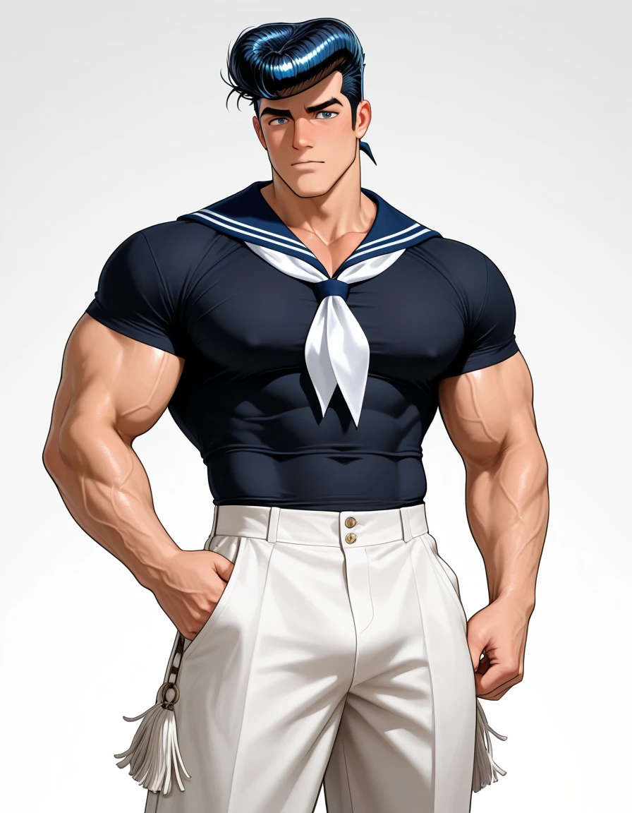 Show from the hips to the shoulders, {{bondage}}, sweat, muscular, {beard}, {{1 male}}, mature,30 years old, bangs, very long hair, hime cut, twintails, black hair, heart, bright skin, sailor suit, knee_boots, dream pool, {{{masterpiece}}}, {{{ultra detail}}}, {{bulge}}