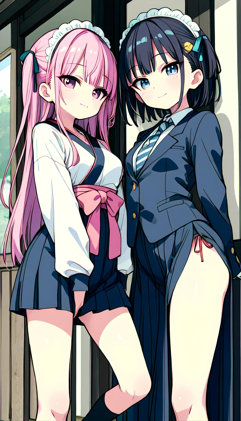 ((2 girls))、laughter、blush、shirt、のskirt、、((fun!))(small breasts)、chiralism、black hair、()、(黒いskirt:1.3)、bow, button, 襟の付いたshirt, long sleeve, マイクロskirt, プリーツskirt、(Jacket)、 skirt, socks, thighs, 白い shirt, ((classroom:1.5)),(skirtを掴む:1.5)、 (perfect hands, perfect anatomy),cowboy shot、(skirt lift:1.3),(highly detailed white panties:1.3)、(highly detailed panties:1.3)、、(skirt that rolls up:1.3)、(fully exposed panties:1.5)、