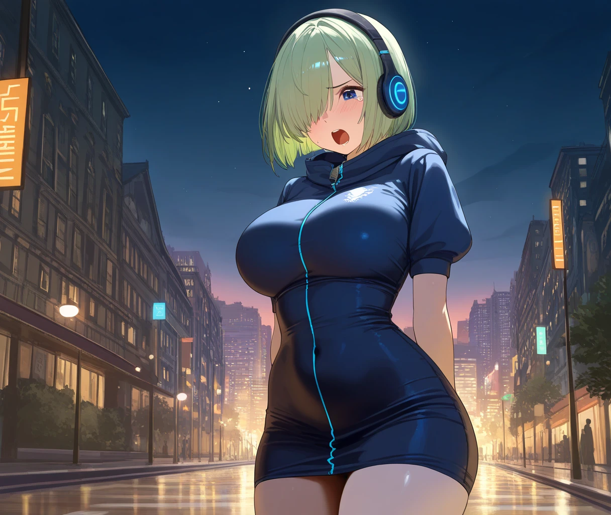Sexy woman, seductive eyes, bending forward, through car window, cleavage, night time, raining