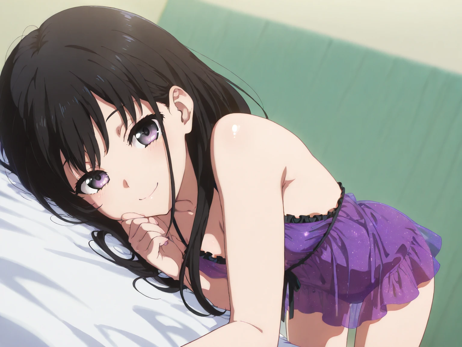 ((masterpiece, highest quality:1.2)),in perspective,cowboy shot,1woman,18 year old beauty、solo,long hair,dark purple hair,(very small head),shy,smile,slender and long body,skinny,medium breasts,oily skin,shiny skin,Waking up、Tank top、panties、lying,Simple bed、simple interior、early morning、Tokyo、