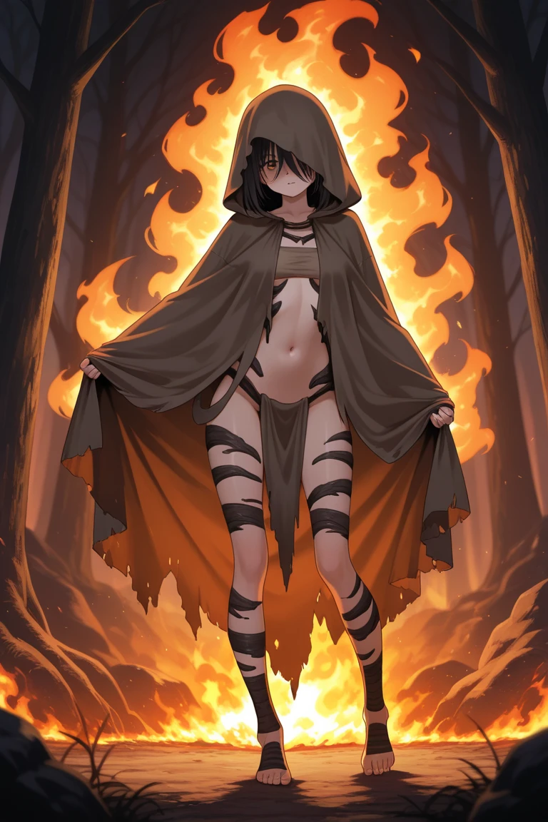 (((by fluff-kevlar, by Zackary911, by Kenket, by Kilinah))), a running ((Kobold)), (detailed Kobold)) wearing a long cloak, muscular abs, Kobold black horns, Kobold tail, messy white hair, (orange thigh highs), ((black micro-thong:fire pattern design on thong)), shirtless, front view, looking at the observer with an embarrassed smile, blush, perspective, finely detailed paws, punk style, adventure backpack,