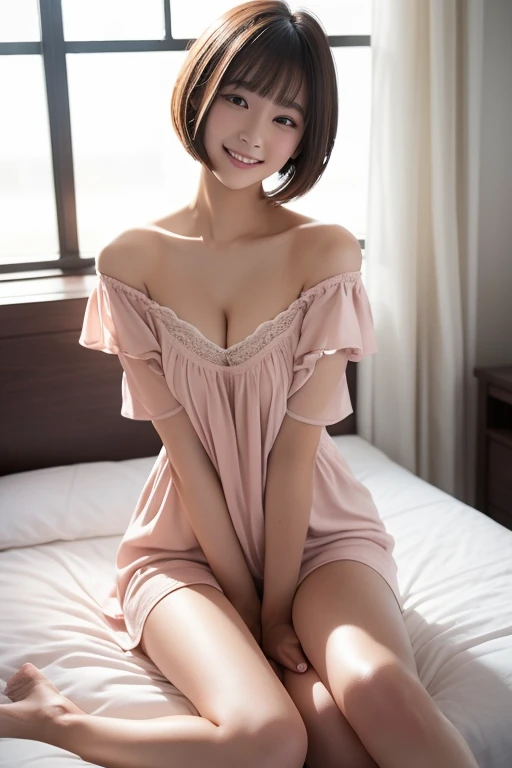 randome pose、Lying in bed、Light pink nightgown、a japanese girl、17 years old girl、small tits、perfect chest、flawless skin、perfect body type、小柄、Small butt、Bob Hair、A dark-haired、bangs whorl、Small devil、colourfull、Light pink panties