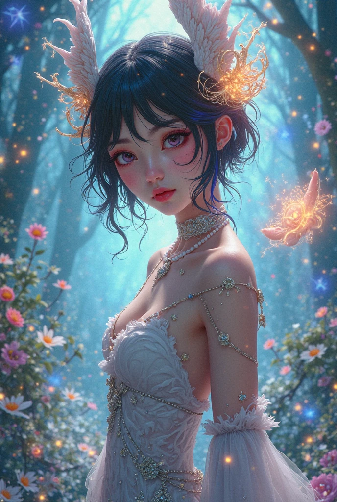 fashion photography portrait of human avatar, 1girl, in blue lush Rainforest with flowers, sci-fi, fantasy, octane render, hdr, Dolby Vision, (intricate details, hyperdetailed:1.2), (natural skin texture, hyperrealism, soft light, sharp:1.2), fluffy short hair, night, star, mix4, necklace, Mystery, (cleavage:0.8), flower headband, (stick insects, butterflies, birds)