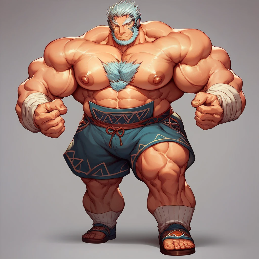 A burly, virile, and hairy dragon, exuding the irresistible charm of a himbo muscle daddy. His middle-aged features, adorned by a long, bushy beard and a thick mustache, reveal a life of experience and adventure. His body, sculpted into a warrior's build and a bodybuilder's physique, is a testament to his unyielding dedication to physical fitness. The hair on his chest and belly forms a carpet of thick fur, while his hairy arms and legs are adorned with a natural, untamed layer of hirsute. Every muscle on his overmuscular and musclebound frame is defined and bulging, veins pulsing beneath the surface, hinting at his incredible strength. Despite his advanced age, his grey hair only adds to his handsome and dreamy appearance.