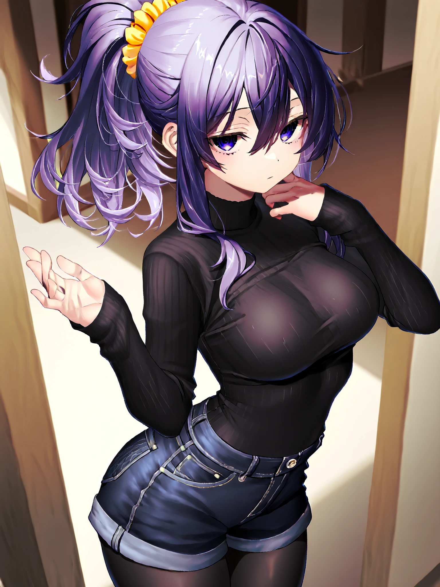 cute anime girl in black sweatshirt with short purple hair with big purple bunny ears with purple eyes