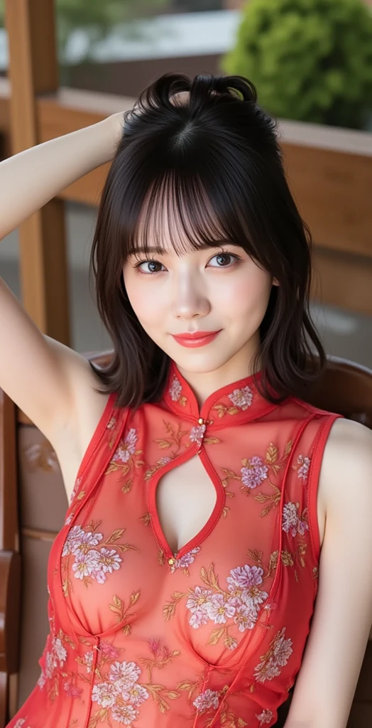 girl、Beauty、Red colored kimono、Exposing shoulders、Emphasize cleavage、Slender body、girl座り、front、Tatami room、Powder、Shoji screen、tatami、Dark atmosphere、candle、Oiran、Tied hairstyle、hairpin、Close-up、Red lips