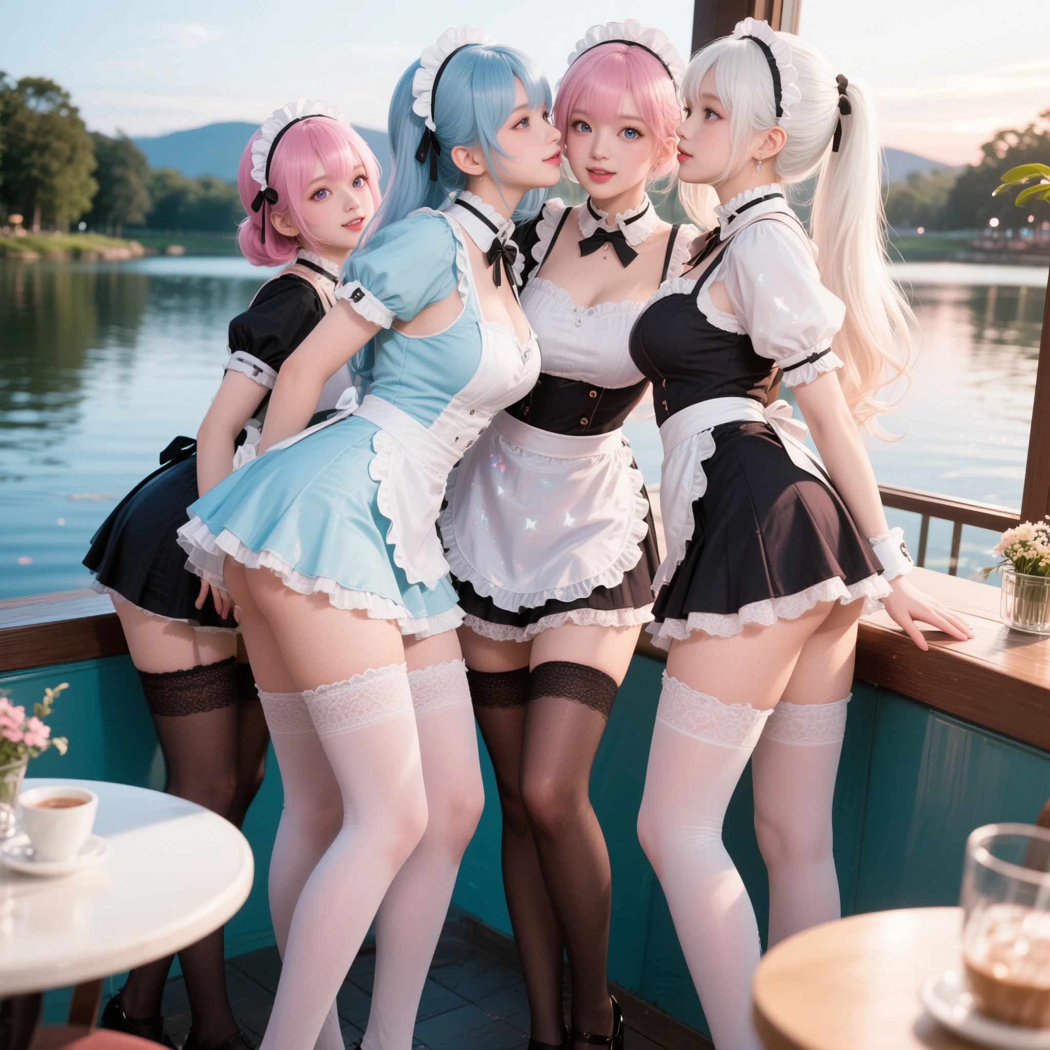 (Extremely Detailed((Sexy Maid Group in a row:1.37))), KAWAII perfect face, Reflective Eyes, Detailed(Delicate Clothing textures), Correct Attractive Leg Line, Dynamic Joyful Expressions LifeLike Rendering, Specular Reflection, TopQuality 8K Ultra-detailed masterpiece (ProfessionalPhoto:1.37), (Acutance:0.8), (Luminism:1.28), Sparkling water surface with Reflection and Refraction (((Bathing in the Lake) Petals Dance) Colorful Horizon), Starry Light particles, ((Full body from side)), {Kissing|Thigh Gap|Cute Peach AssFocus|(NakedApron with Overflowing SideBoob)}, Radiant Fine Skin with Transparency, (Exposed:0.4) {Pure White Hair|Pink Hair|LightBlue Hair|Blonde|Liquid Hair|(Red Tie)}, Perfect Lighting