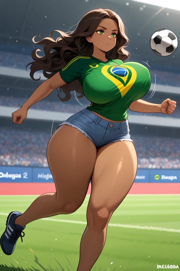 (high quality, 8k, 4K, high contrast, artwork:1.2, high quality, best aesthetics), (centered), ((1 woman)), erotic, sensual, mature body, super detailed, beautiful face detailed, beautiful eyes detailed, detailed beautiful mouth, perfect breats, perfect wide thighs, (long wavy black hair), (black eyes), (black pupils), (serious expression), (piercing gaze), (looking at viewer), (black lipstick), (half naked), (Brazilian football team bra), (brazilian football team panties), (front view), (standing), (black rabbit ears)