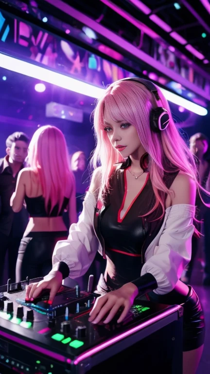 The upper part of the body, Female DJ, Colorful clothes , Perfect and beautiful facial features, Vibrant appearance, Sexy accessories, Creative behavior, Imaginative, Sensual, Spontaneous, DJ headphones, Mixing Console, Music Clubs, night club, Independent cinema, People dancing on dance floor background, Underground danceclub, Highest quality, Skin texture, Intricate details, (Cinematic lighting), RAW photo, 8K，