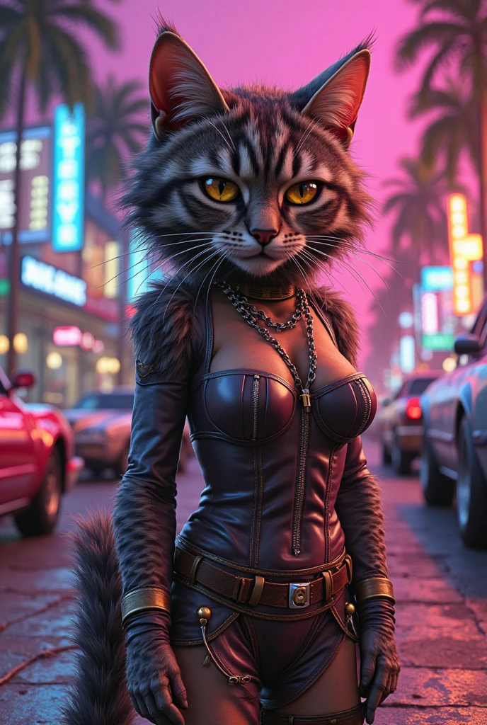 (Evangeline Lilly) Digital illustration featuring a anthropomorphic feline+paws+claw+tail with a striking appearance set against a vibrant, neon-lit urban background. She has human face and black hair with a prominent white streak, styled in a modern. She has yellow eyes. Her skin is fair with a strong complexion, and she has distinct facial features including sharp eyebrows, amber-colored eyes. She wears cat ears on her head, adding a playful yet fierce element to her look. Her attire includes a black choker and a black jacket. A noticeable tattoo of a skull with a gear design is visible on her upper arm. The background is filled with colorful, blurred neon signs in various shapes and sizes, contributing to the cyberpunk aesthetic of the image.