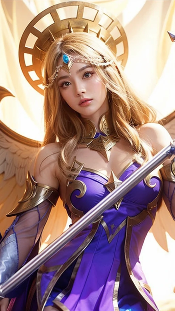 Top quality、masterpiece、Ultra-high resolution、(Photorealistic:1.4)、RAW photos、1 girl、Blonde hair、Glowing skin、(1. Angel)、闪亮Angel圈、((Ultra-realistic details))、porch、Global Illumination、shadow、Octan Rendering、8K、Super sharp、huge 、Bare skin is exposed in the cleavage、Metal、Intricate decorative details、Steampunk details、Vacuum tube、Nixie Kan、Oil pressure gauge、Glass Kalog Meter、gear wheel、gear、Hydraulic Cylinders、Extremely complex details、Realistic lighting、Purple Eyes、Radiant eyes、Facing the camera、Neon light details、Mechanical limbs、Blood vessels connected to tubular mechanical vertebrae connected to the back、Mechanical cervical fixator、Sit on it、Wires and cables to the head、Small LED lights、Sumerian details、