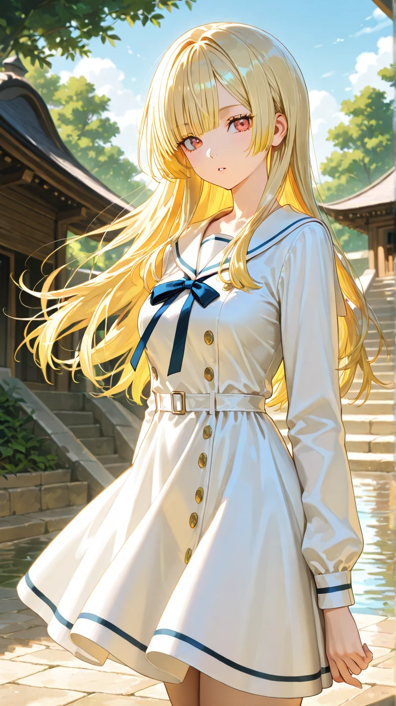 Girl, Brown skin, Yellow hair, very long hair, Red eyes, small breasts, white blouse, blue skirt
