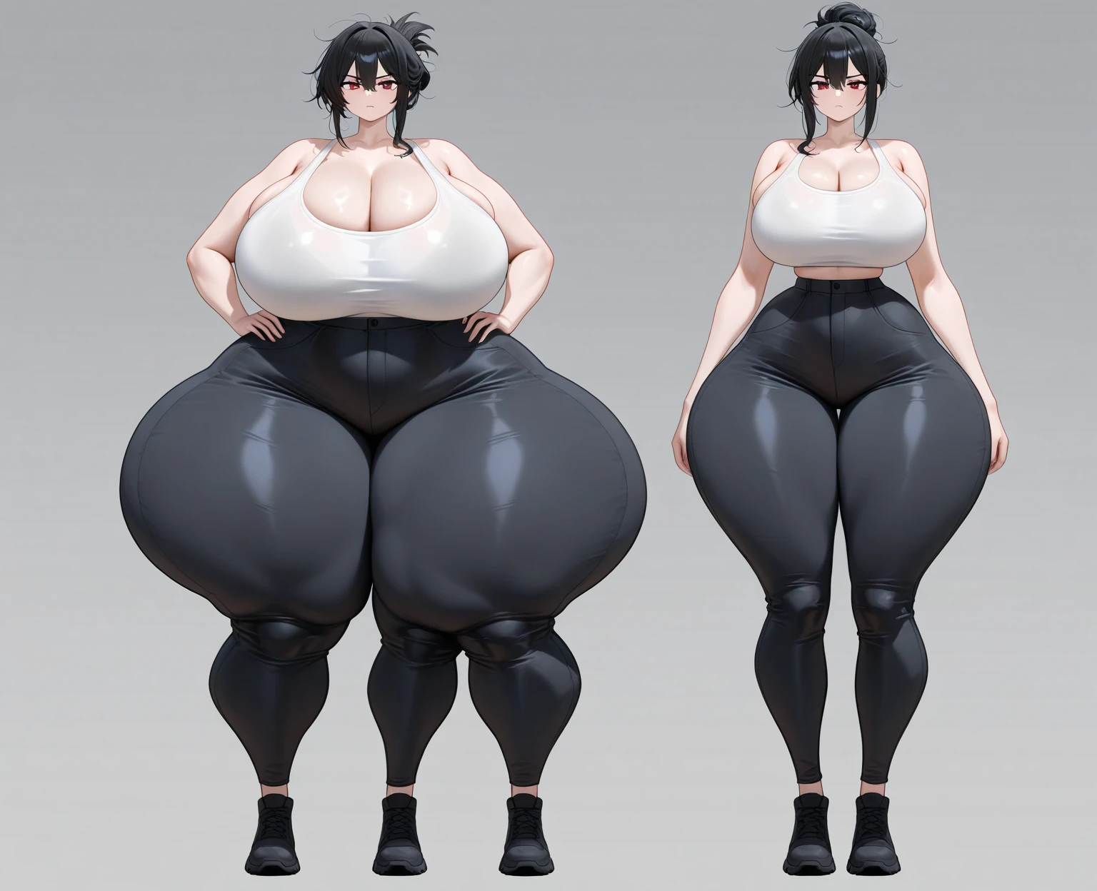 A beautiful young woman in yoga pants and tank tops, hyper massive fat tall wide round heavy heart shaped bubble butt, very wide fat hips, massive fat round long very heavy breasts, deep long cleavage, from slightly behind, looking back, smiling, blushing, sexy pose, showing off her massive heavy fat round ass, deep butt crack, rapid ass expansion,
