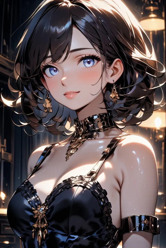 ((ultra detailed)),((Bright eyes)), (Detailed eyes) (1girl:1.5)(solo:1.5), 8k, blink blink, ((realistic skin)), (wild curly hair), (short hair:1.3)(black hair)(dark skin:1.2)(flat chest), ((shiny facial skin)), ((black lingerie)), rossdraws pastel vibrant, rossdraws cartoon vibrant, beautiful portrait, beautiful anime girl, styled digital art, art wallpaper