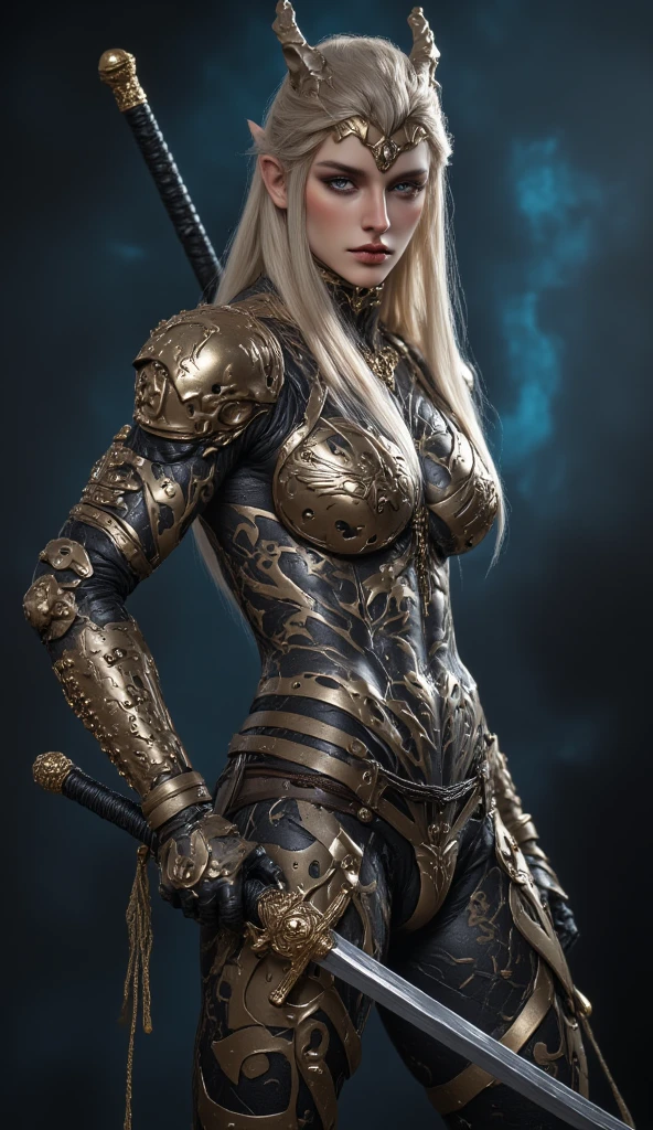 8k、Masterpiece、Royal Knights,Accurate anatomy、Sensual Body、Glamour、Glamour、Platinum blonde with thick braids、Perfect Face、The entire body is covered in luxurious heavy armor made of black enamel with gold engravings.,show,woman,Tall and strong,Point the knight's sword at the ground,Sports Late,Holding a helmet under one's arm、Cleavage close-up,Solemn,Huge breastodest waist,Big Ass、Humble,Cinematic, High resolution, original, complicated, high quality, Gorgeous shades, complicated details, Ultra-fine,OC Rendering,Ray Tracing,Real Light and Shadow,Surreal