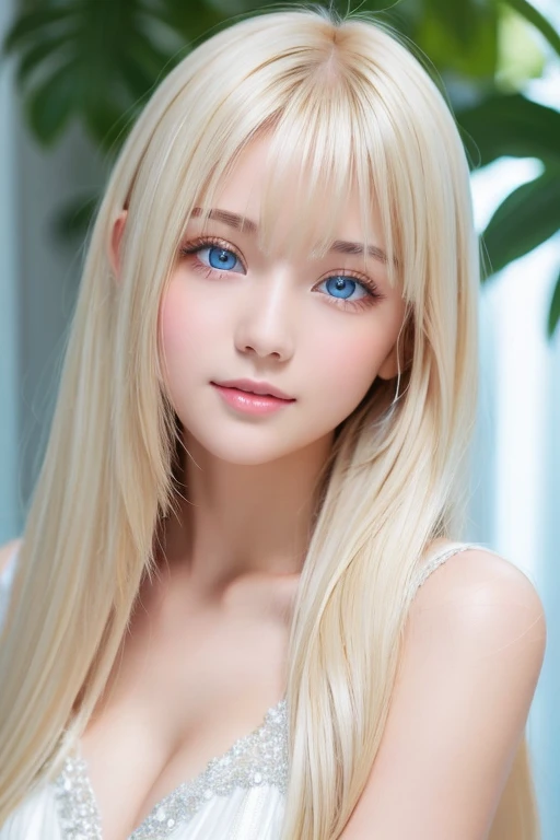 Beautiful white and shining skin, 3 Up, unparalleled beauty, Bright, refreshing and gentle expression, Perfect beautiful cute face shining baby blonde silk super long straight hair, Beautiful shiny bangs, A very beautiful and beautiful 24 year old girl, eyeliner, Very perfect and beautiful cute big clear sky blue eyes
