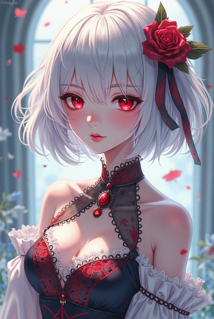 1girl, skinny, small breast, medium short fluffy hair, white hair, (red streaks hair), red eyes, white underwear, red small bow on bra, red small bow on panties