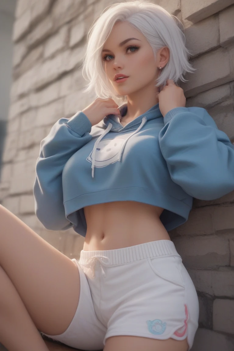 photography beautiful white hair girl with blue eyes, black tracksuit and bustier, in sitting on the floor, photo from the top, enjoying, girl, summer, hot girl, high quality