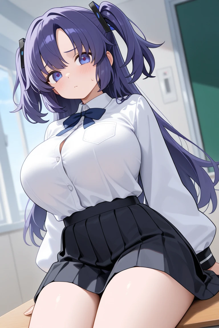 ((masterpiece)), ((Best Quality)), (Ultra-detailed), ((kawaii)), Cute, (lovely), ((sexy)), (ero), ((Extremely detailed)), 4K, (8K), Best Quality, (Beautiful), Illustration, anime style, (bold line:1.2), Gradation, cowboy shot, a cute girl, 1girl, (solo),//, wariza, (Hands on knees:1.2), (Use your arms to bring your chest to the center), //, Sailor school uniform base, short skirt, slightly open collar revealing subtle cleavage, pink knee-high socks, blue ribbon, white Mary Jane shoes, //, large breasts, slender legs, breasts falling aside, Perfect eyes, Perfect iris, //, (half closed eyes:1.4), (sexual expression:1.2), Fascinated expression, Smile, (blush:1.2), //, Patchy long straight hair style, Lavender hair color, (beautiful eyes), //, School corridor, lockers and bulletin board in the background.