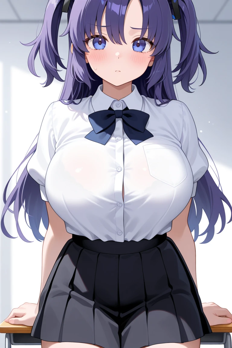 (masterpiece:1.37), best quality, (extremely detailed:1.37), (1girl:1.5), woman, (mature:1.5), (adult:1.5), large breasts, very long hair, (straight hair:1.5), (very dark purple hair:1.5), purple eyes, (extremely detailed eyes:1.37), sweater, scarf, very long dress, desperation, (wetting self:2.0), standing, (crossed arms:1.5), embarrassed, humiliation, blushing, angry, gas station, snowing, street, golden hour, full body