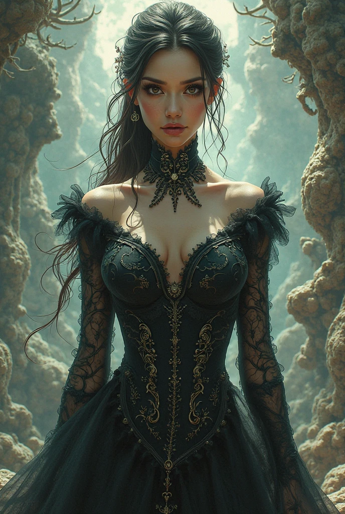 (masterpiece, best quality, highres, high resolution:1.2), extremely detailed, realistic, intricate details, 1girl, solo, looking at viewer, (abstract art:1.3), (dark theme:1.2), art, stylized, deep shadow, dark theme, cosmic dress, cosmic beauty, in space, nebula, (cinematic lighting, bloom, volumetric),