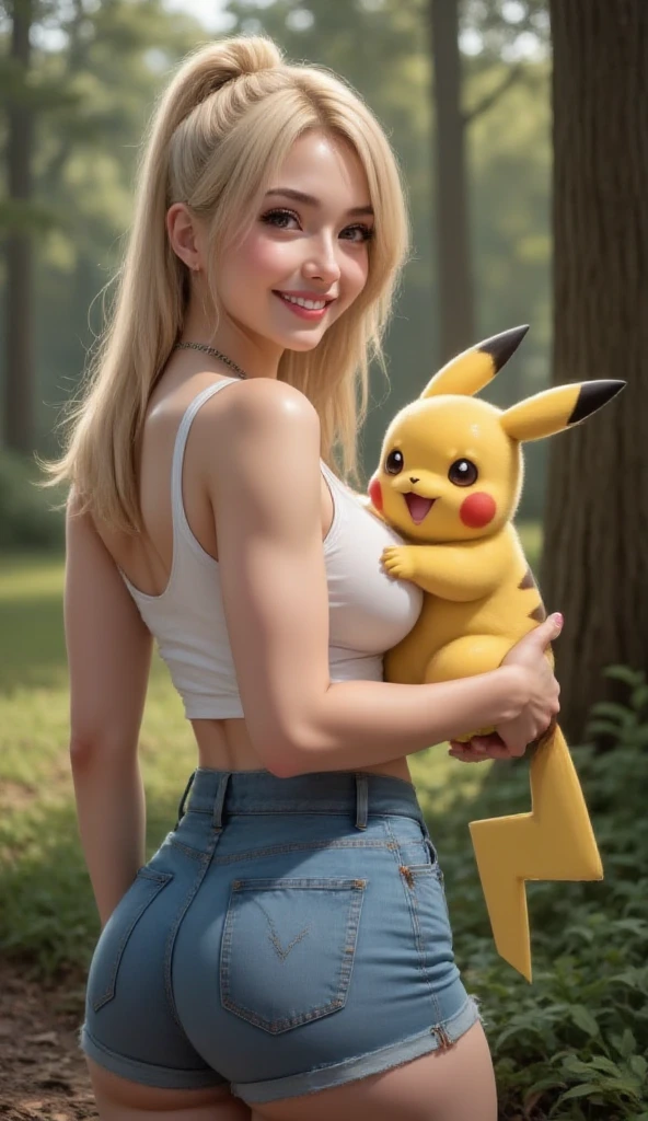 1girl, entre seios, seios grande,crop top, decote transparente, pikachu, shorts,, obra-prima, melhor qualidade, altamente detalhado