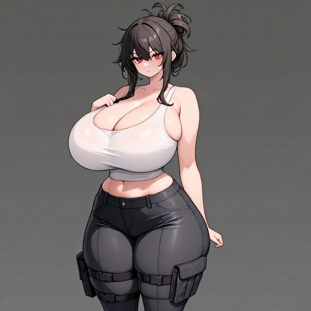 SFW, ((white hair, black charcoal skin)), (short pants, bikini top), (gigantic breasts, huge breasts, Big breasts), firm breasts, full body