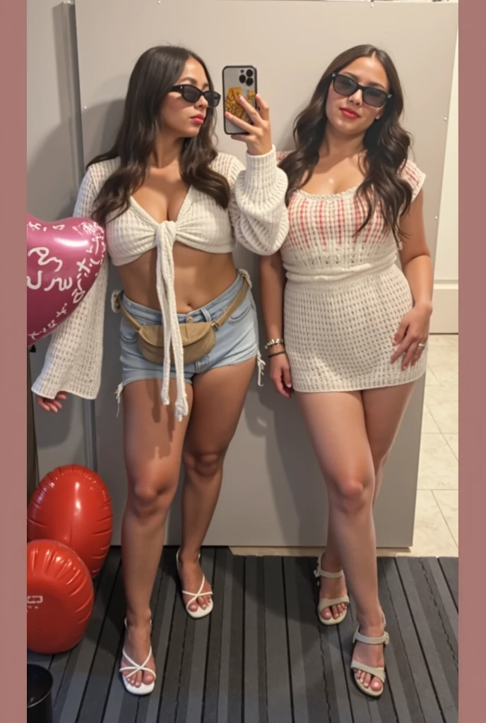 Chubby fat bbw nerdy latina young woman (20 years old), chubby belly, long straight black hair, Golden necklace, in clothing fitting room, wearing small black dress, with husband, friends, smiley expressions, full.body, view from the side