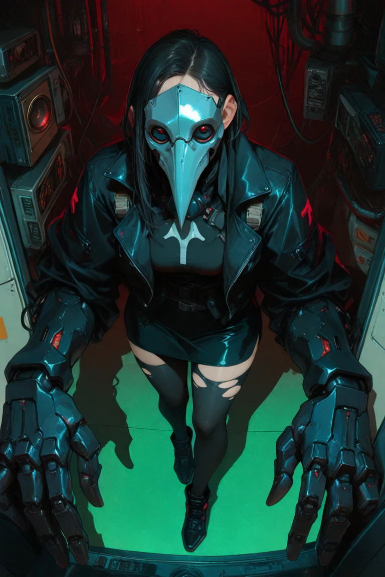 alta resolução, obra-prima, melhor qualidade, uma mulher, plague doctor, many tattoos, lying down, roupa futurista, estilo cyberpunk neon, ao fundo cidade cyberpunk a noite, pele finamente detalhada, seios enormes, pernas muito musculosas
