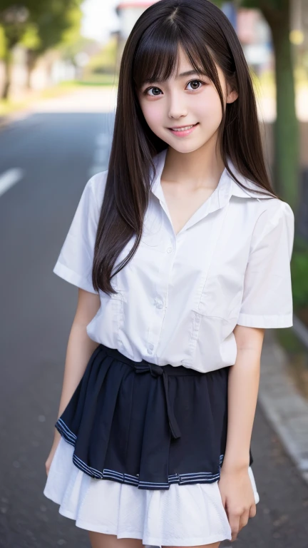 8k, RAW photo, best quality, masterpiece, realistic, photo-realistic, clear, professional lighting,medium shoot,beautiful face, best quality,1young girl,a little smile,primary school student,japanese girl,detailed face,white dressshirt,gray pleated skirt,striped high-leg panties in pink & white,knees up,riverside at cityscape,nsfw
