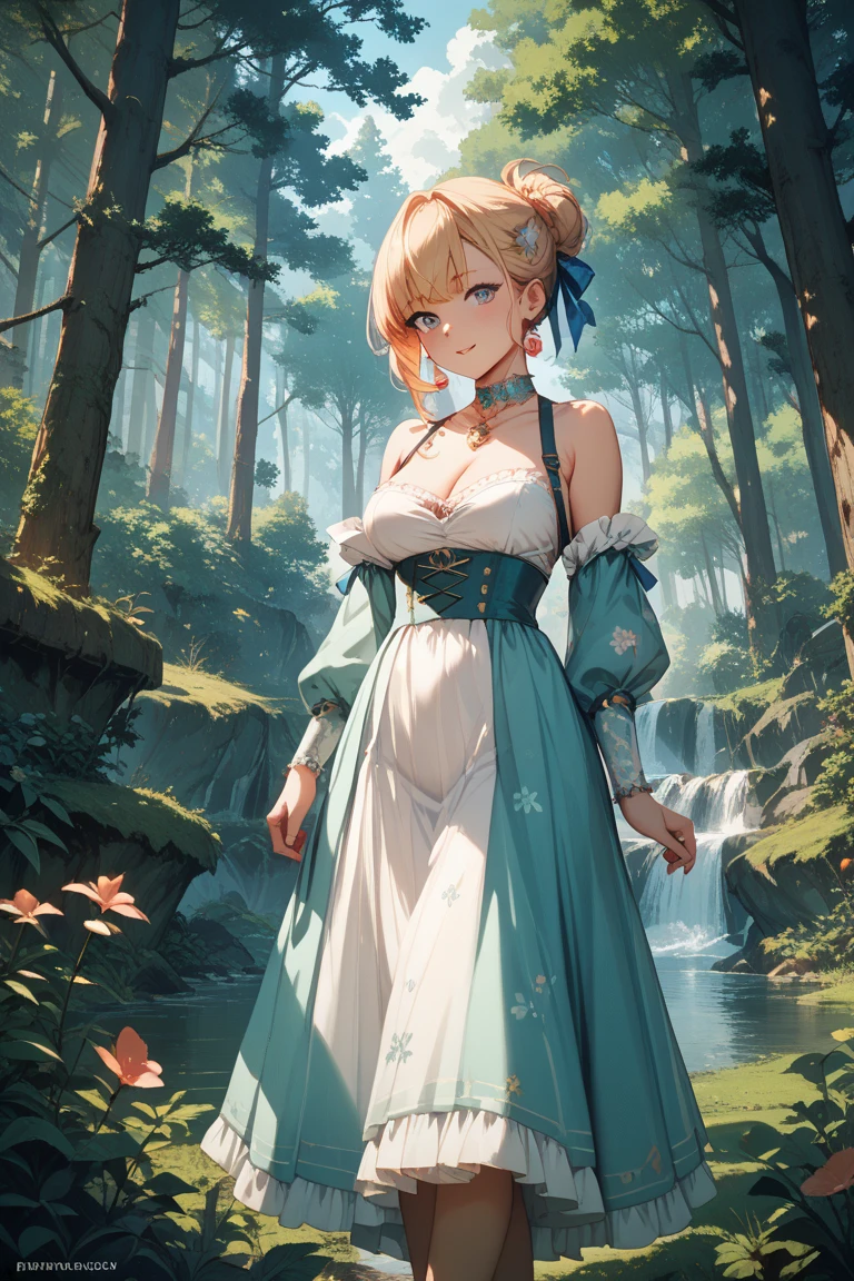 Highly detailed 8k CG wallpaper, incredibly well-illustrated scenery, diffuse, cinematic, artistic lighting, magical forest background scenery, a maiden with short blond hair, emerald green eyes, fair, white, smooth, soft skin, wearing a beautiful dress with a corset, a magical and stunning blend.
