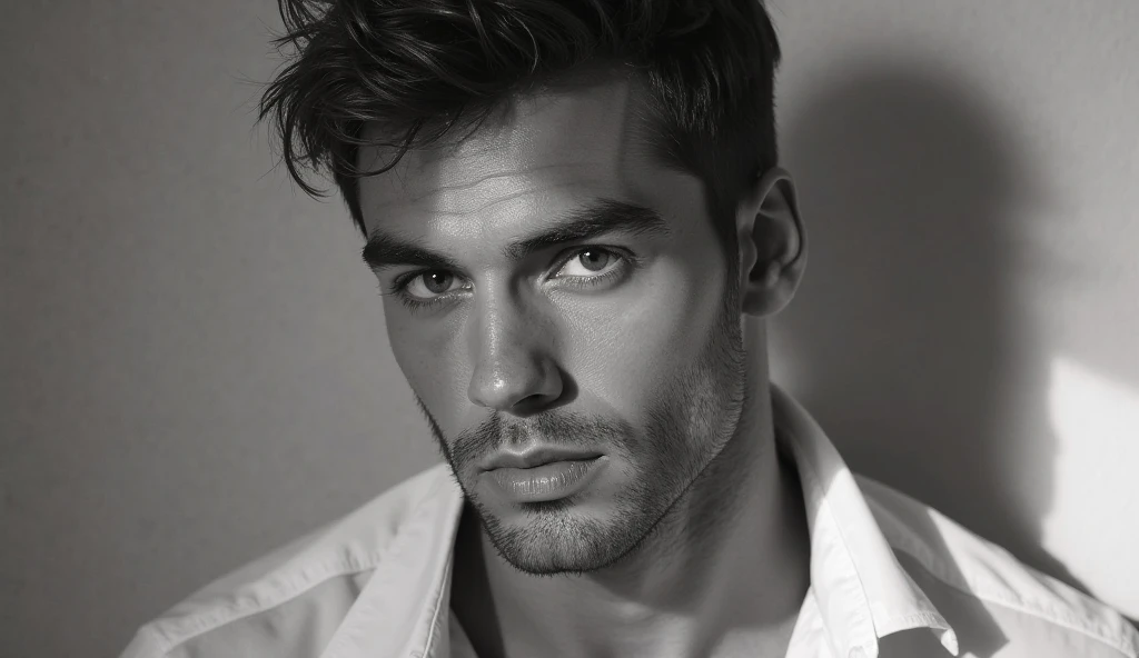 Make an emotional male model, laying down,black and white