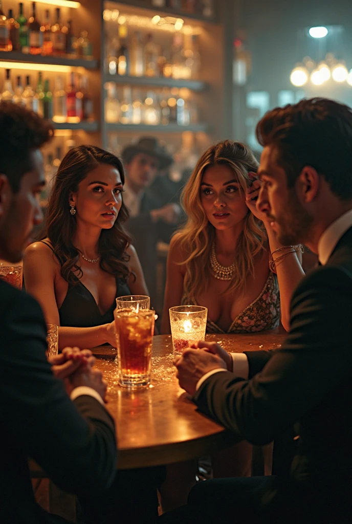 Create a realistic night bar scene with people enjoying a social atmosphere. In the background, shows a group of women having a good time together. Spotlight, shows a young man looking with attraction at one of them. The scene should convey a sense of trust and intrigue, with warm lighting and a lively atmosphere