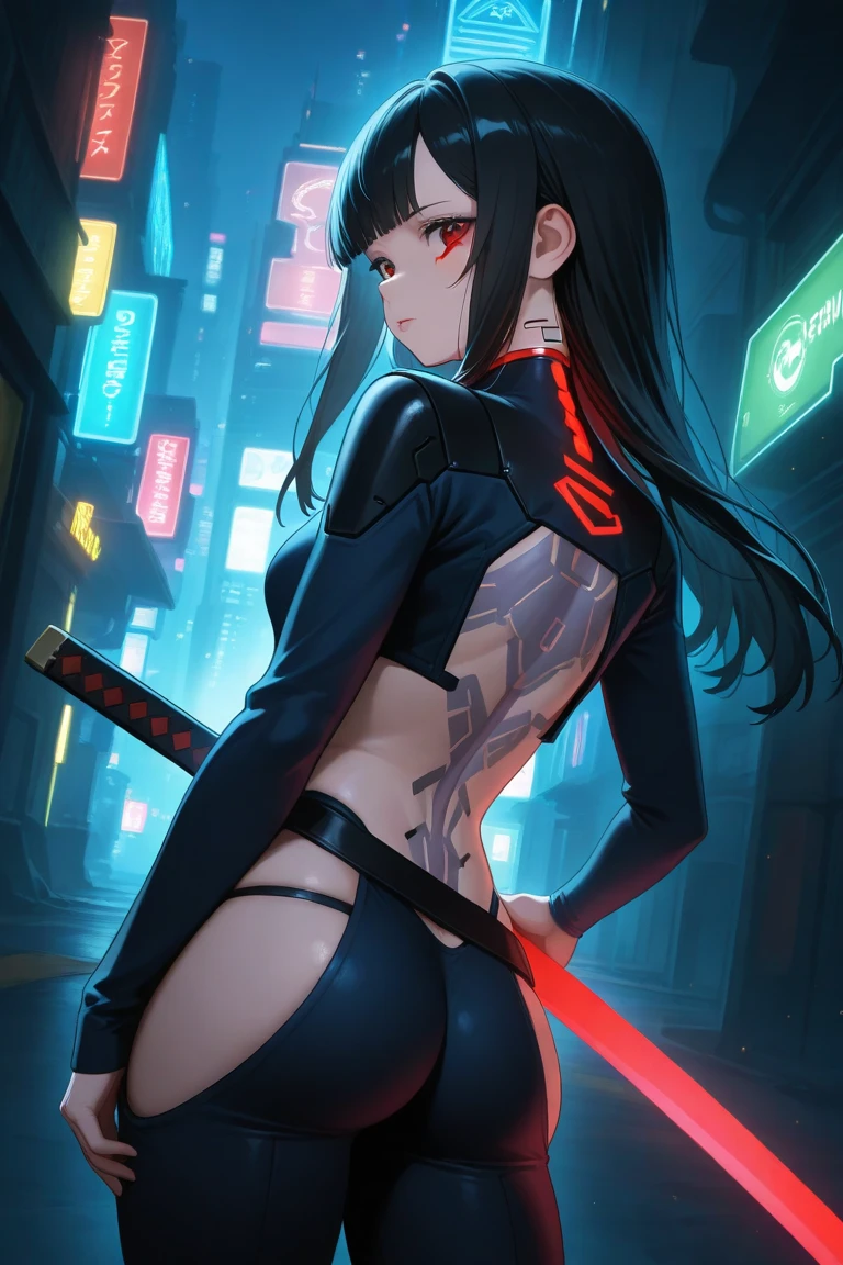 katana, beautiful face, detailed face, good eyes, good hands, (((perfect anatomy))), anime girl, anime, detailed background, highres, official art, (masterpiece, best quality, absurdres), ((1girl, solo)), anime character with a black and white outfit holding a knife, female action anime girl, fine details, ninja, female ninja, bishoujo, small breasts, mask, black mask, red eyes, red pupils, black jacket, black gloves, black belt, black bandeau, crop top, black panties, black ribbons, thigh ribbons, sidelocks, arms up, hands up, hands behind head, short hair, black hair, bare arms, stomach, nice belly, thin, skinny, toned, ribs, nice navel, outdoors, cyberpunk city