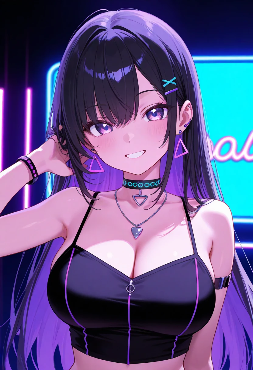 最high quality、best image quality、masterpiece、teenage girl((18-year-old、 by becoming、vest bust、medium bust,wide open breast tea、black eye, black hair、long hair、thin,highest valley、cute makeup、cyber tank top、Cyber Headphones、Cyber Skirt、best smile、Rear view、blue face paint、Yellow face paint、Pink face paint、fascination pose、black underwear)),high quality、beautiful art、background((nightbar、night club、night pool)),pieces fly、Depth of written boundary、movie、visual art、perfect art、