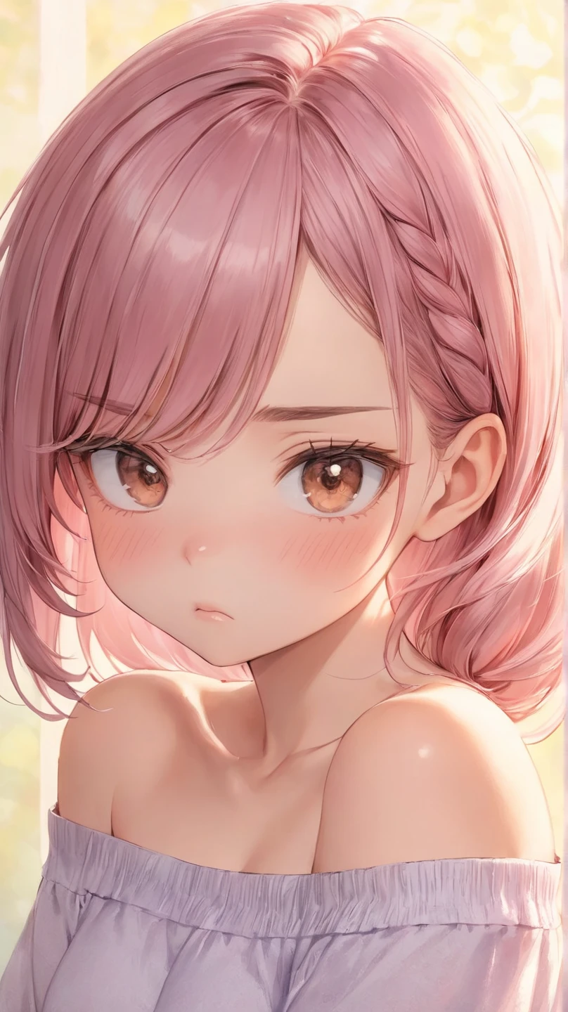 Pink hair, dark skin, black skin, white eyes, long hair, no bangs, boy, guy, male, emotionless, expressionless, short, standing, brown skin, brown, black, black background, naked, nude, portrait, upper body, face only, closeup, close up