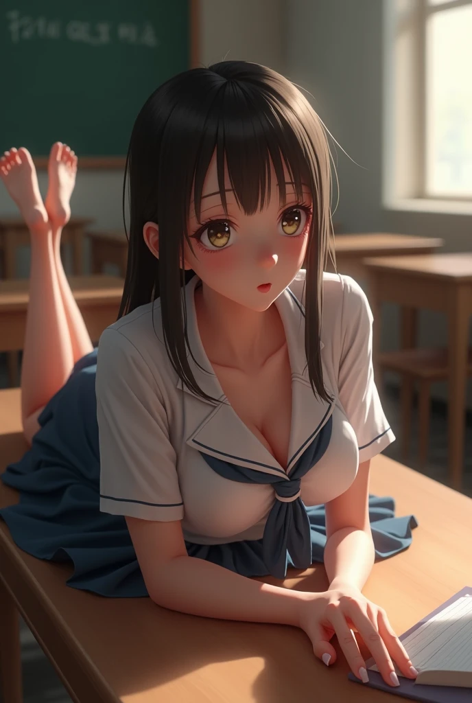 student girl in Japanese school uniform, big breasts with cleavage, good body, short brown hair, in a school sitting at a desk, looking at the viewer.