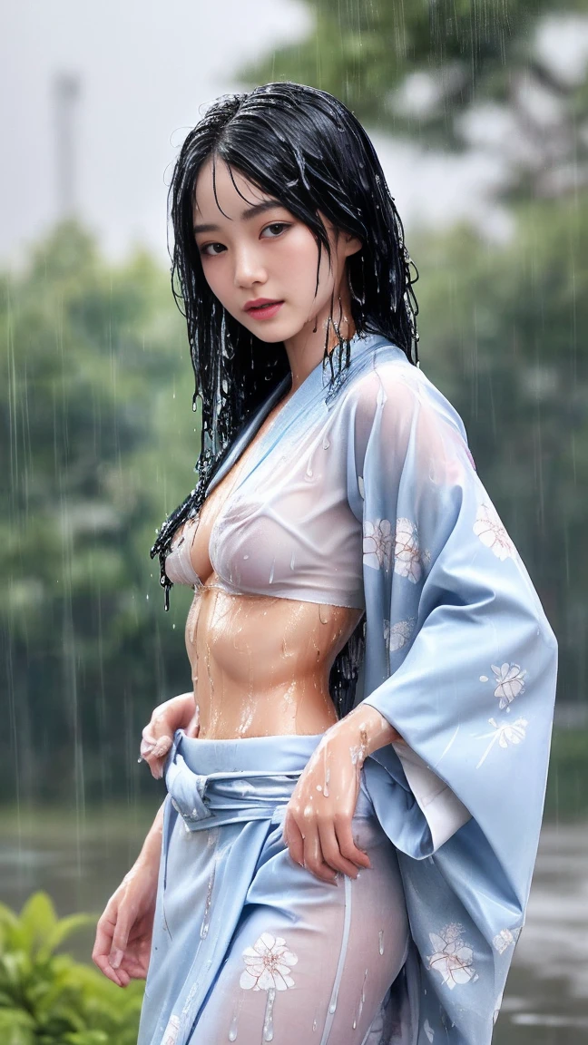 最high quality、high quality、Best image quality、8K、最High resolution、High resolution、最high quality、masterpiece、RAW Photos、whole body写真、Detailed and realistic human body、Detailed and realistic skin、Realistic face in every detail、Detailed and realistic eyes、Detailed and realistic lips、Detailed and realistic teeth、Detailed and realistic ears、Detailed and realistic hair、Realistic reproduction of every detail、((Beautiful Hands(thumb1、reference4))、Realistic feet down to the last detail、((Beautiful Japanese Girl))、(Japanese Model)、18 year old beautiful girl))、(Black Hair)、(Random Hairstyles)、((whole body))、((Slim and perfect figure))、(Flat chest、Small breasts)、(whole body光沢肌、Fair skin)、Mini Chinese Dresini Kimono、Mini Ninja Costume、Japanese tradition、Japanese garden、Rain clouds spreading across the sky、Heavy rain weather、Pouring rain、A storm of wind and rain、((Colorful floral pattern(Sexy Kimono Dresses))、((Pouring rainの中でリラックス(Poses to make your thighs look beautiful))、((Soaked skin from head to toe))、((Kimono soaked in the rain(Rain dripping from the clothes))、((Her body lines are clearly visible through her wet kimono.))