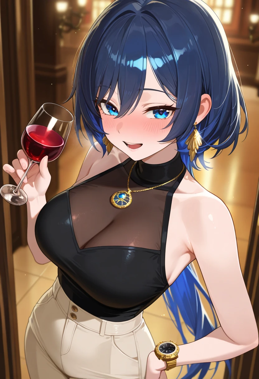 masterpiece, Best quality, 1 girl, One, Blaze (Arknights), behind the bar, Looking at the viewer, chest, cleavage, (long hair, black hair, animal ears, blue eyes, red hairband), (black, gold qipao), drunk, very detailed skin, (detailed face), detailed eyes, beautiful hands, perfect hands, hold a glass of champagne