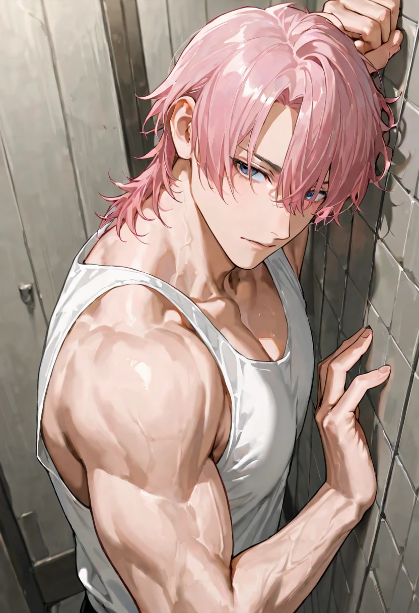 male_focus, 1boy, pink_hair, solo, blush, wet, pectorals, nipples, upper_body, blue_eyes, looking_at_viewer, nude, bangs, showering, collarbone, closed_mouth, short_hair, smile, hair_between_eyes, shower_\(place\), eyebrows_visible_through_hair, toned_male, toned, shower_head, wet_hair, steam