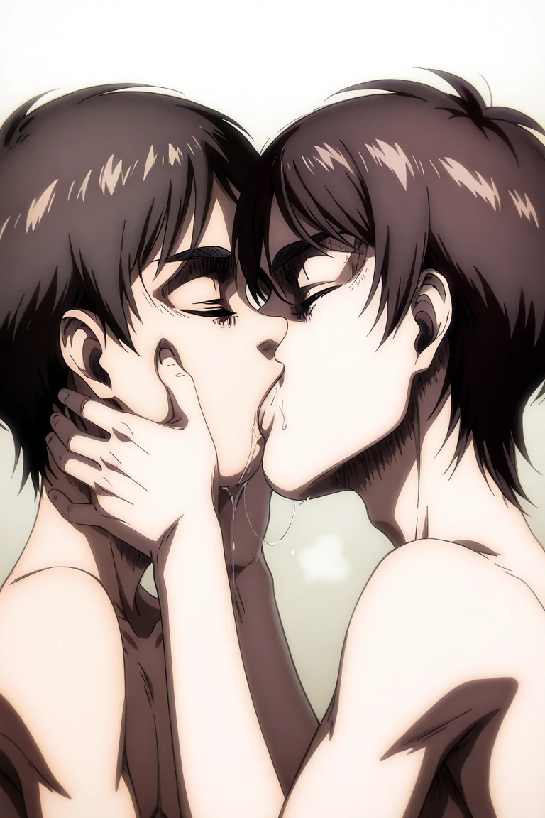 Black haired boy with green eyes having sex with another boy with black hair, light skin and black eyes