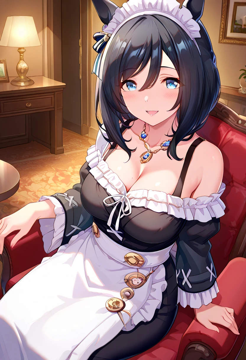 ((Highest quality, masterpiece, High resolution)), One girl, Eishin Flash\(umamusume\), Maid, cafeteria, smile, Are standing, White apron, Large Breasts, Cleavage, Horse tail, forward leaning posture, Perfect hands, Red choker, 黒色Maid服