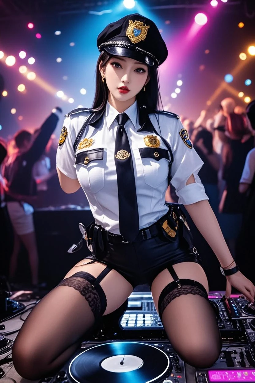 Photorealistic, high resolution, A Japanese Police woman named Kimmi, solo, heavy makeup, Hips up, (Detailed face), Black hair, Long hair, Red and White Bra and Red lace Panties, black micro skirt, Red Stockings. Fully clothed Police Hat. Laying in a dark room, candles light the room