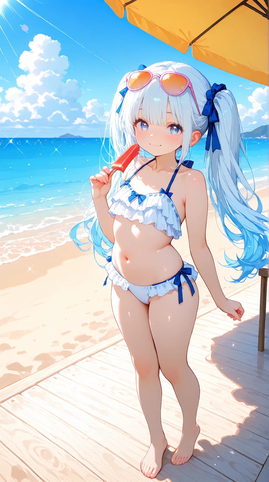 (Eating an ice cream bar with his mouth open).Girl、Very cute girl、(11 years old)、white hair、Long Straight Hair、Bangs are too close to the eye、Light red eyes、(Normal human ear)、Thin arms、Beautiful body、Slim legs、Shapely breasts、clear white skin、smile、(Sailor suit、mini skirt、White and blue)、I know the shape of the nipples、(Ocean、beach)、Ultra HD、Digital SLR,Sit on、