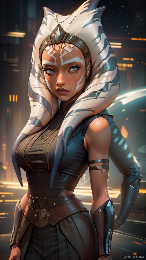 (masterpiece, best quality, ultra-detailed), AhsokaTano, (orange skin:1.2), blue eyes, makeup, medium breasts, blush, jeans, crop top, modern clothes, fully clothed, street, city, nighttime, full moon, starry sky, street light illumination, standing, smirk, upper body