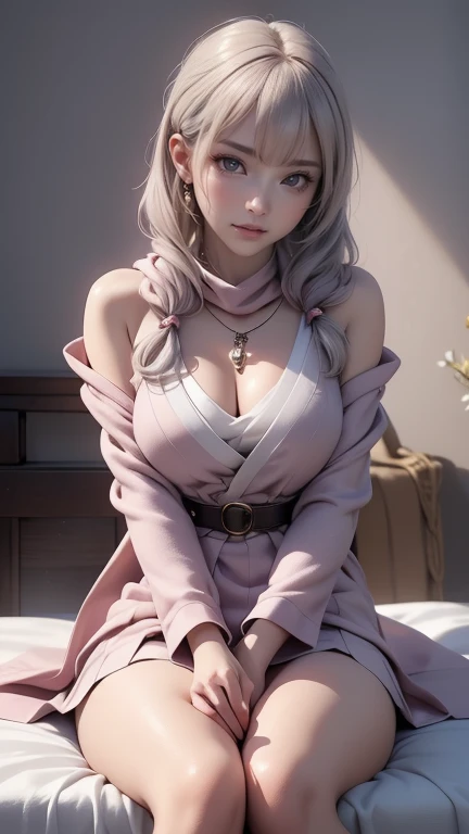 realistic, 1 Indian girl, white hair, small chest,  purple eyes, glowing eyes, topples, unconcerned, NSFW, cleavage, mouth open, bare skin, undressed,  sexy, blush, in the bed,