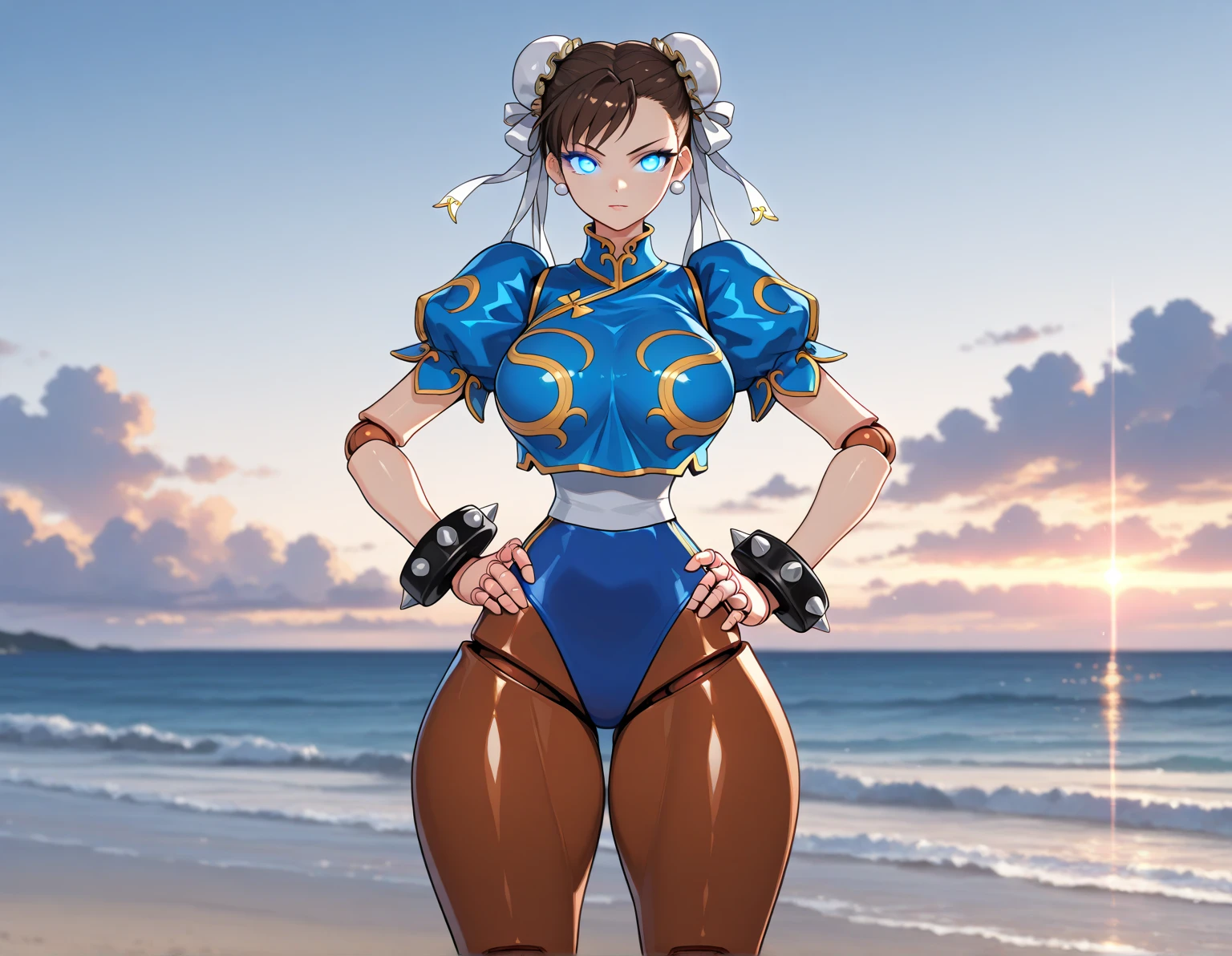 roupa azul,solo, low lighting, chun li masterpiece, best quality, agrias, grey sweater, black leotard, standing, looking at viewer, black hair,angry,smile,sunset,lago, reflexo na agua, por do sol