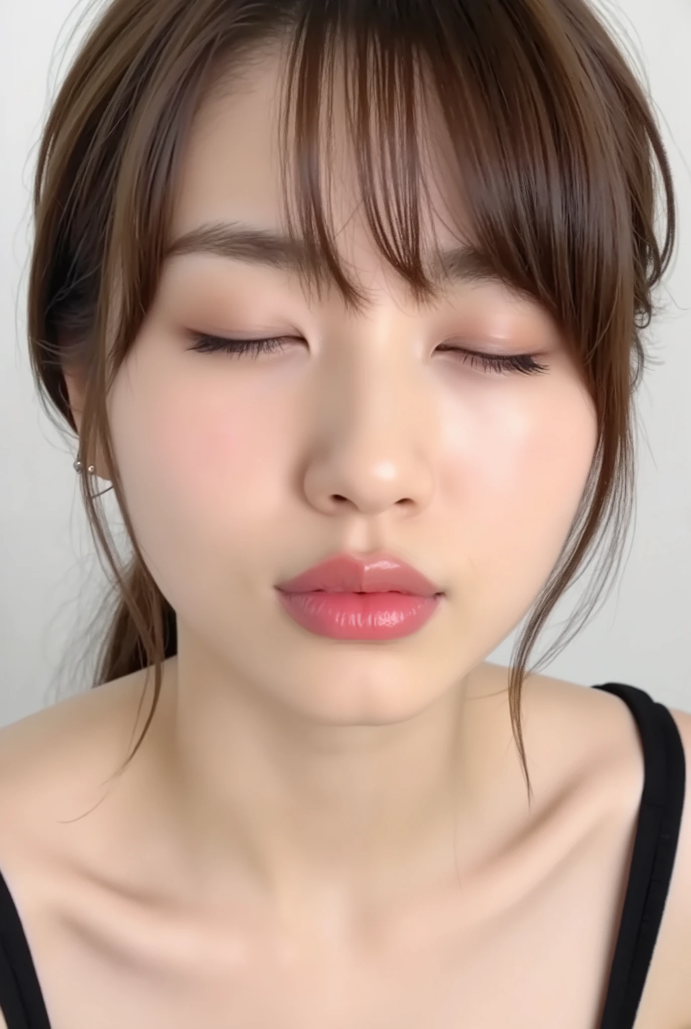 ultra-detailed close-up of a cute and beautiful young woman, collarbone-up composition, white studio background, soft diffused daylight, high-key exposure, clean and vibrant modern color grading, realistic smooth skin with visible pores and subtle peach fuzz, matte facial skin texture, slightly flushed cheeks and ears for a shy expression, big kawaii energy, soft facial features, full glossy lips in a rounded O-shape kiss, lips protruding with intense shine and shimmer, vibrant cherry pink lip gloss as the only makeup, chin gently raised with a subtle upward stretch, camera angle from 35–45 degrees above, face and head perfectly framed, dreamy euphoric smile with eyes gently closed, black camisole strap visible, soft head tilt, hands behind the back and out of frame, ultra-soft background bokeh and facial contour blur to emphasize lips, longing expression, dere-dere mood, cute and loving aura, subtly tilted mouth for added sweetness, youthful and modern hairstyle with airy light layers
