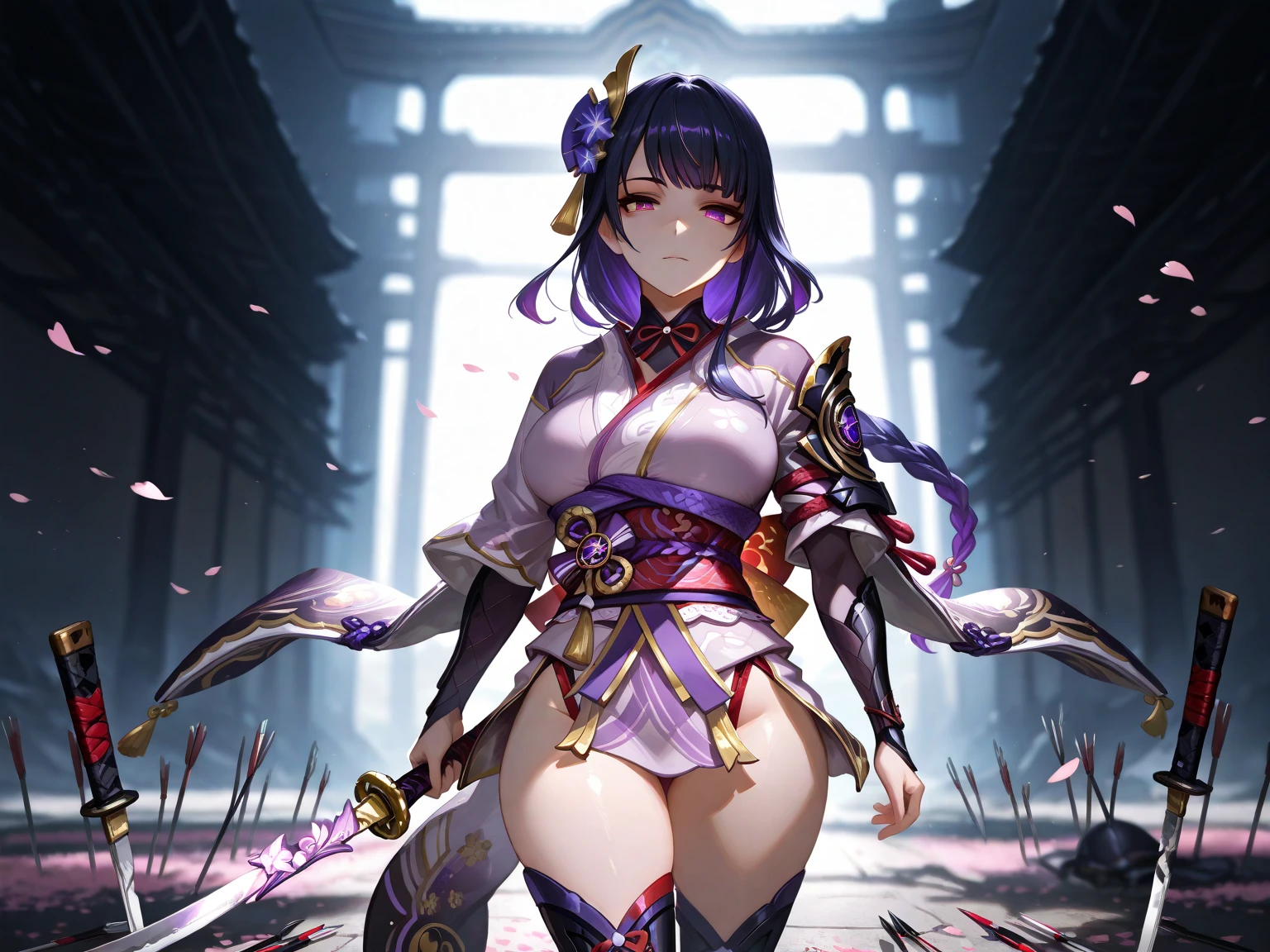 ((top-quality、8K、​masterpiece:1.3))、girl with、Red Lotus/(Nike, Goddess of Victory)/,holds a sword、battle field、Warrior&#39;s eyes、natta、The moon is out、cutting an enemy with a sword
